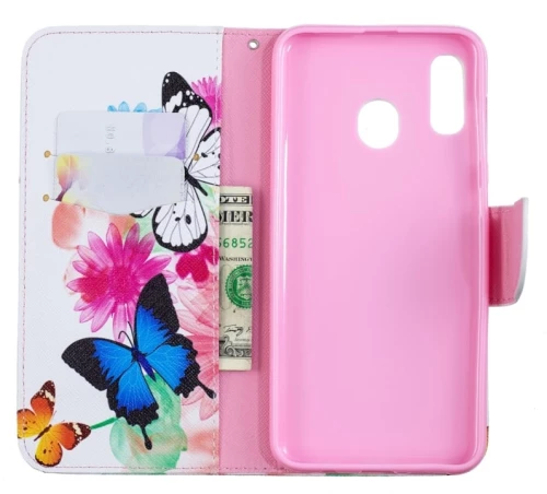 Θήκη δέρματος με σχέδιο πολύχρωμης ζωγραφικής, οριζόντια αναδίπλωση για Samsung Galaxy A20 & A30, με βάση & θήκες καρτών & πορτοφόλι (Δύο Πεταλούδες)