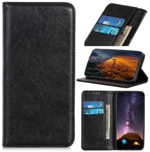 Θήκη δέρματος οριζόντιας αναδίπλωσης με μαγνητικό κλείσιμο και υφή Crazy Horse για Sony Xperia 5 II, με βάση στήριξης & θήκες καρτών & πορτοφόλι (Μαύρο)