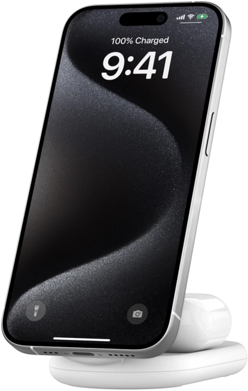 Belkin WIZ028VFWH BOOST^CHARGE™ 2-in-1 Qi2 15W Magnetic Foldable Wireless Charging Stand, White