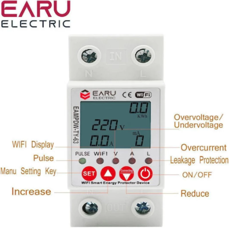 EARU TY-63 Wi-Fi Έξυπνο Κιλοβατoωρόμετρο Πίνακα (Λευκό)