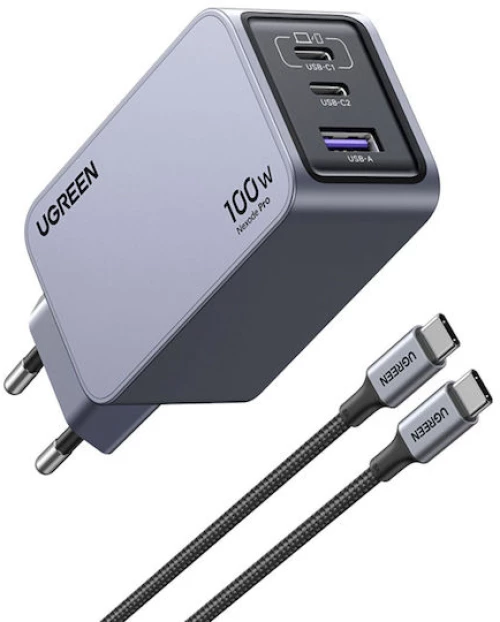 Ugreen Φορτιστής GaN με Θύρα USB-A και 2 Θύρες USB-C και Καλώδιο USB-C - USB-C 100W Power Delivery / Quick Charge 4+ Γκρι (Nexode Pro)