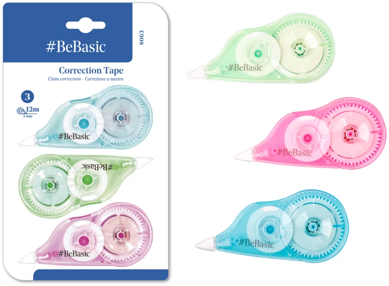BEBASIC σετ διορθωτική ταινία S063, 5mm x 12m, μπλε/πράσινη/ροζ, 3τμχ