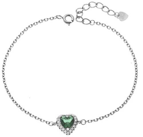 Βραχιόλι Γυναικείο Senza από ασήμι 925, πράσινη καρδιά με λευκά ζιργκόν
