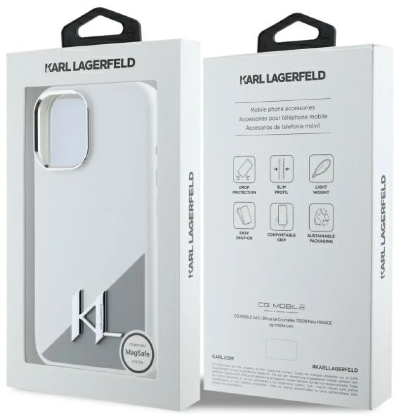 Karl Lagerfeld Silicone Initial Metal Logo MagSafe iPhone 16 Case - White