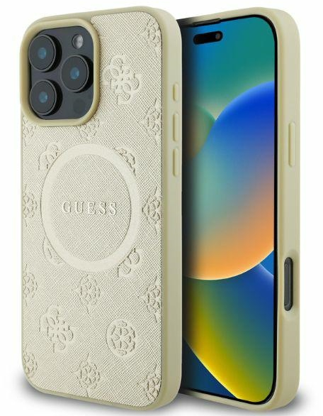 Guess Saffiano Peony Classic Logo MagSafe case for iPhone 16 Pro - gold