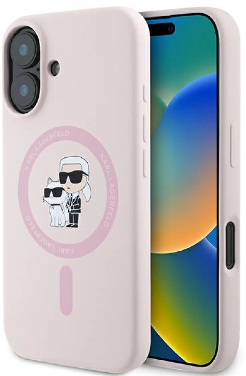 Karl Lagerfeld Silicone Karl&Choupette Heads Ring MagSafe iPhone 16 Case - Pink