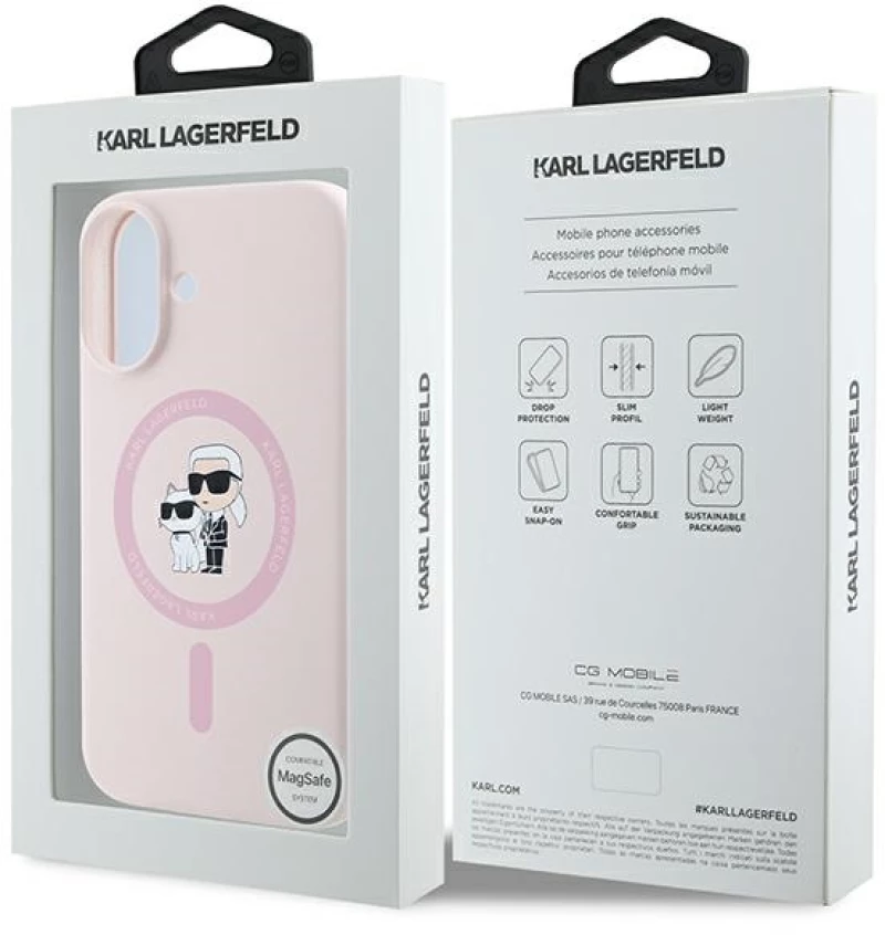 Karl Lagerfeld Silicone Karl&Choupette Heads Ring MagSafe iPhone 16 Case - Pink