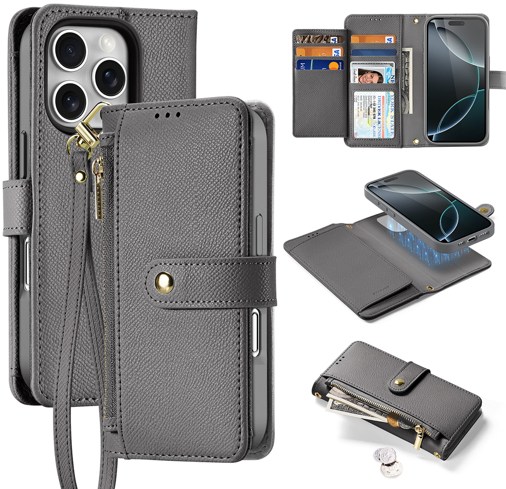 Dux Ducis Lawa iPhone 16 Pro Leather Case with Detachable Magnetic Wallet - Gray