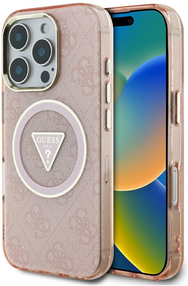 Guess IML Metal Glitter 4G Circle Triangle MagSafe Case for iPhone 16 Pro Max - Pink
