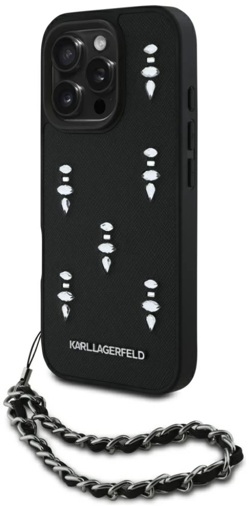 Karl Lagerfeld Saffiano Crystals w/Chain iPhone 16 Pro Case - Black