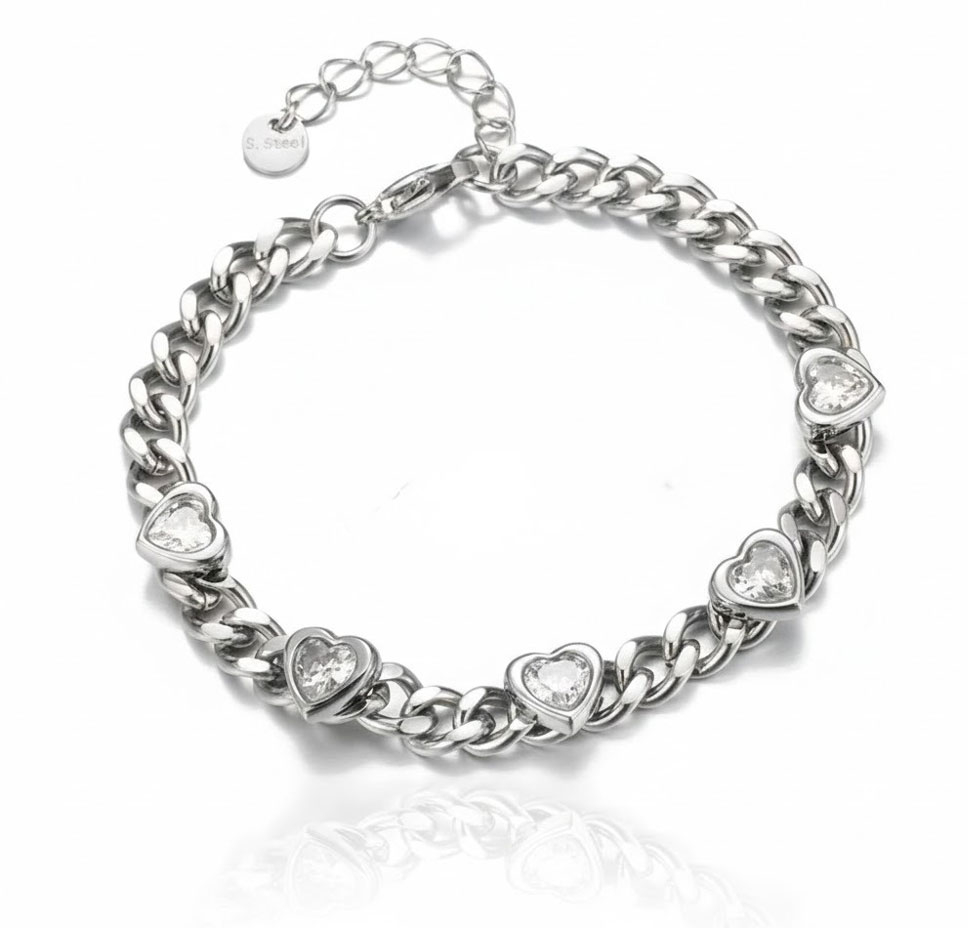 Ατσάλινο Βραχιόλι Αλυσίδα με Καρδιές Zircon Ασημί Χρώμα