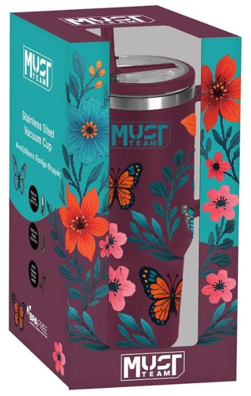 Ποτήρι Θερμός Floral Μπορντό Must 1200ml Με Καλαμάκι 587163