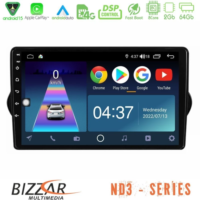 Bizzar ND3 Series 8Core Android15 2+64GB  Fiat Tipo 2015-2022 (Sedan) Navigation Multimedia Tablet 9"