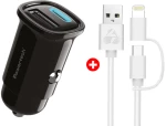 POWERTECH φορτιστής αυτοκινήτου με καλώδιο MFi USB σε micro USB/Lightning BNDL-0206, USB & USB-C, 30W, μαύρο/λευκό -
