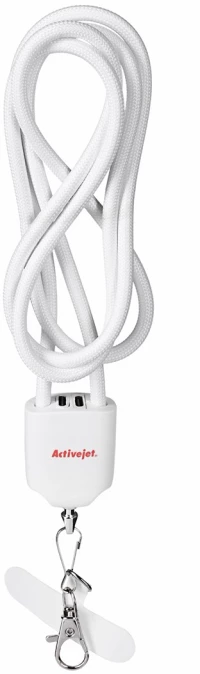 Activejet lanyard with 3-in-1 charging cable, white. Ends with various connectors: USB-C, Lightning adapter, USB-A