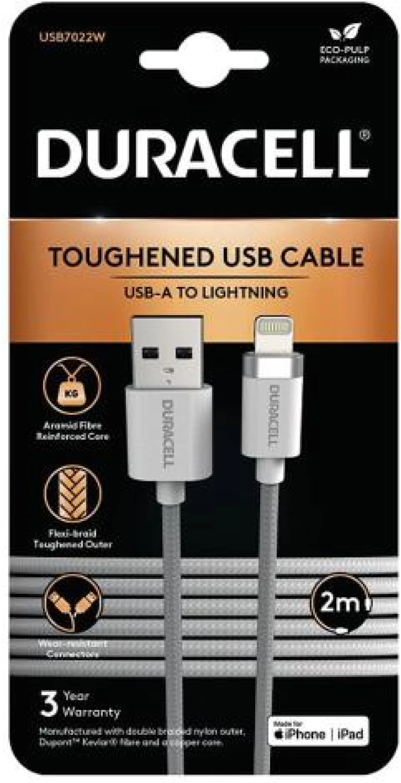 Καλώδιο Σύνδεσης USB 2.0 Duracell Braided Kevlar USB A σε MFI Lightning 15W 2m Λευκό