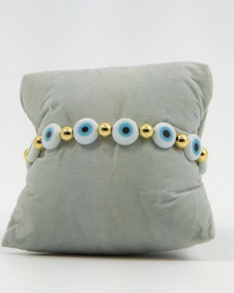 Γυναικείο Βραχιόλι Ελαστικό Evil Eye Με Λευκά Μάτια Και Χρυσές Χάντρες 527286-2-Λευκό