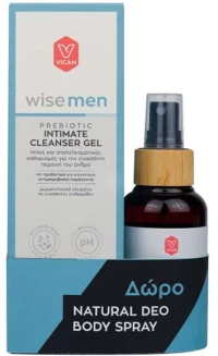 WISE Men Promo Prebiotic Intimate Cleanser Gel Τζελ Καθαρισμού Για Την Ευαίσθητη Περιοχή 250ml & Δώρο Natural Deo Body Spray Αποσμητικό Σπρέι 100ml
