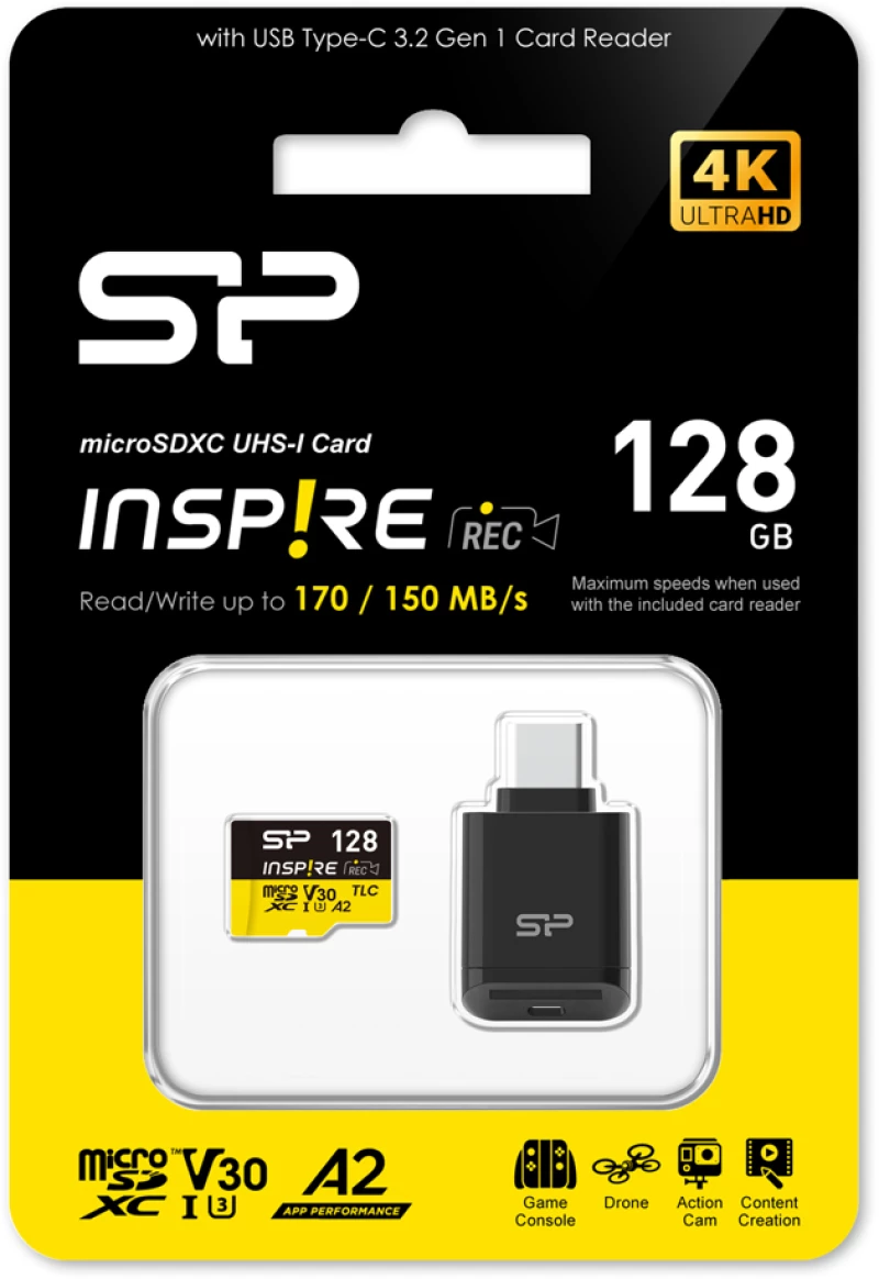 SILICON POWER κάρτα μνήμης microSDXC Inspire με card reader, 128GB, C10 UHS-I U3 V30 A2