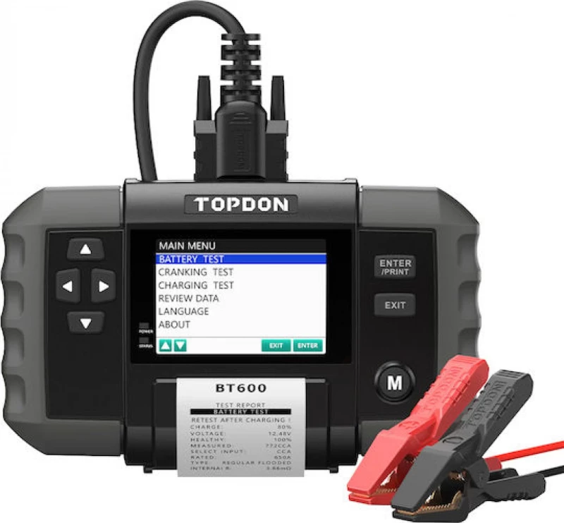 12V/24V Διαγνωστικό Μπαταρίας με Οθόνη 3.5″ & Θερμικό Εκτυπωτή Topdon TD-BT600