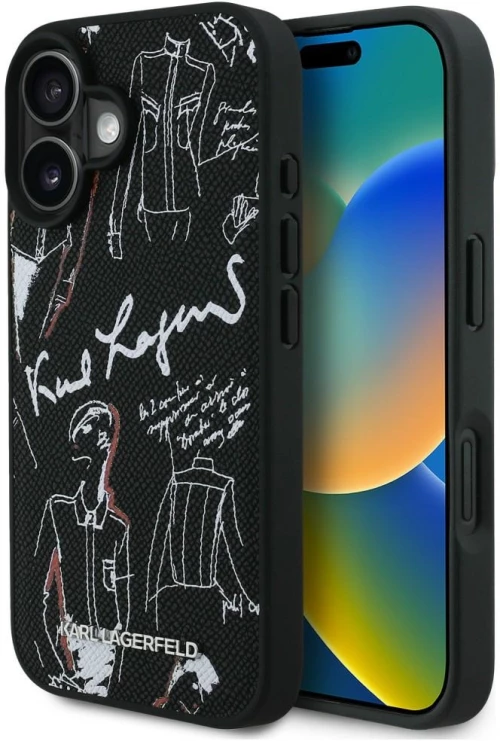 Karl Lagerfeld Grained Pattern & Logo MagSafe Case for iPhone 16 - Black