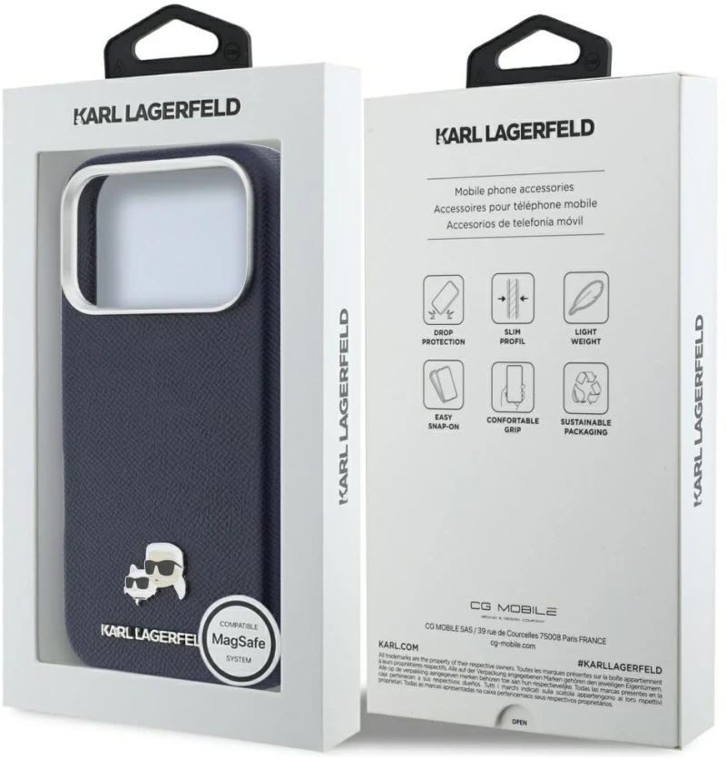 Karl Lagerfeld Karl & Choupette Head Pins Saffiano MagSafe Case for iPhone 17 Pro - Blue