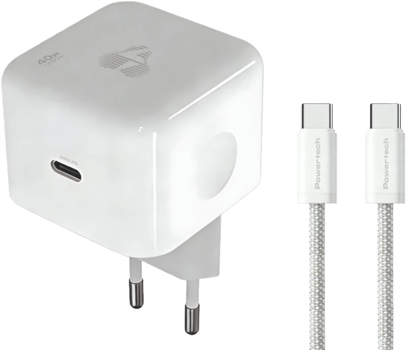 POWERTECH φορτιστής τοίχου PT-1581 με καλώδιο, USB-C, 40 έως 60W, GaN, AVS, λευκός