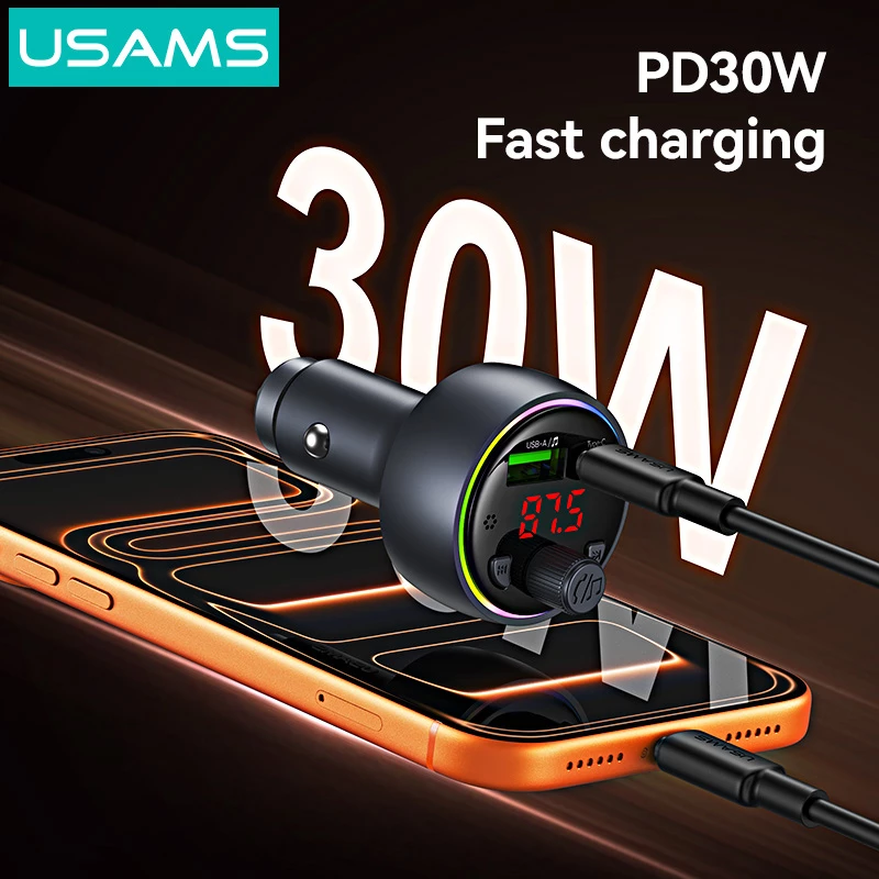USAMS FM transmitter & φορτιστής CC328, USB/USB-C, 30W, Bluetooth, μαύρο