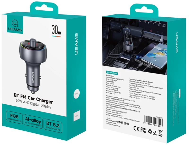 USAMS FM transmitter & φορτιστής CC328, USB/USB-C, 30W, Bluetooth, μαύρο