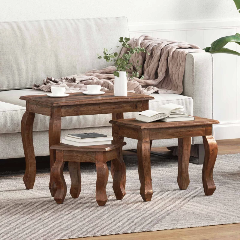 vidaXL Τραπέζι Σαλονιού με Στηρίγματα 3 pcs Καφέ Μασίφ ξύλο μαόνι