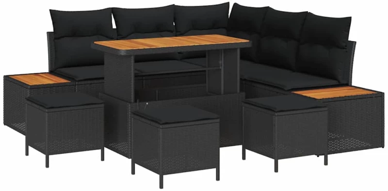 vidaXL Σετ Καναπέ Κήπου με μαξιλάρι 9 pcs Μαύρο Πολυ ράταν