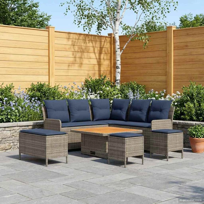vidaXL Σύνολα επίπλων με μαξιλάρι 7 pcs Γκρι και Navy Blue Ράτα PE