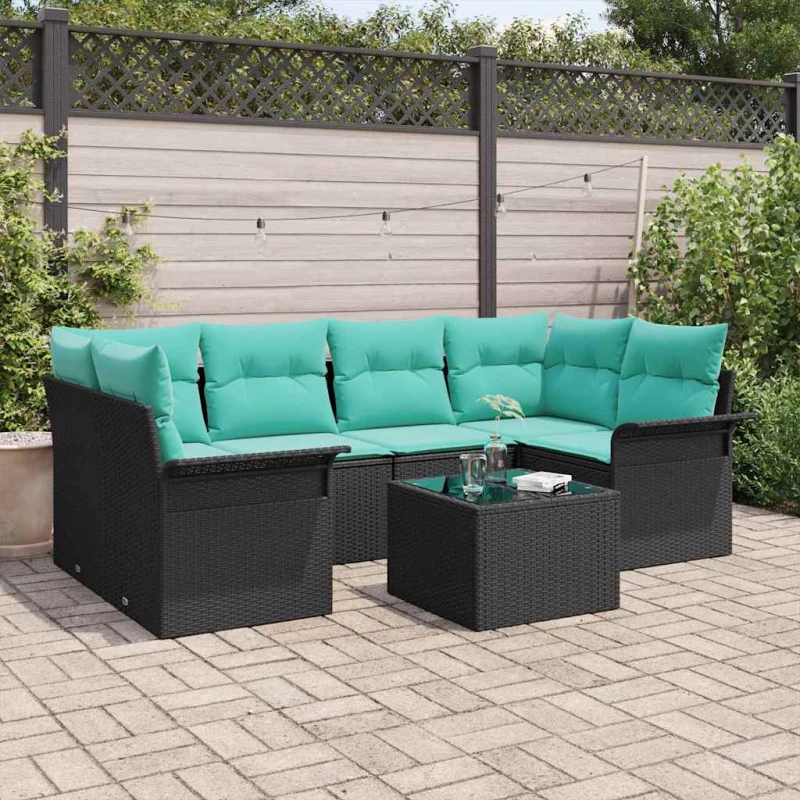 vidaXL Σετ Καναπέ Κήπου με μαξιλάρι 7 pcs Μαύρο συνθετικό ρατάν