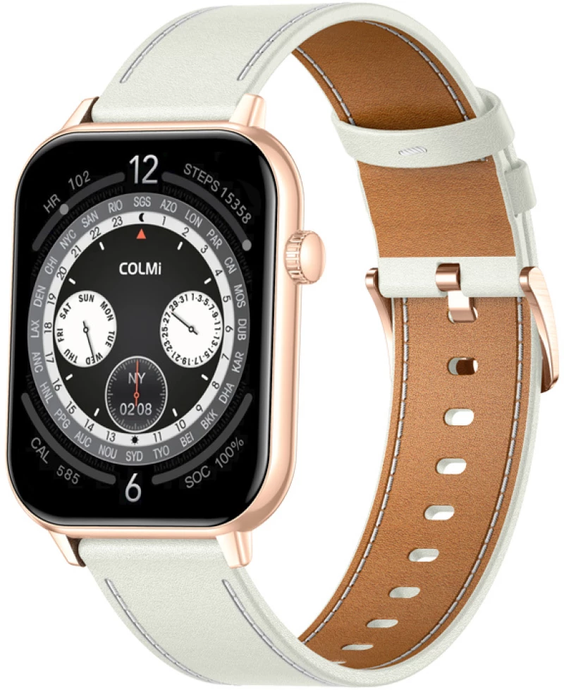 Smartwatch COLMI C28 σε χρυσό χρώμα με λευκό δερμάτινο λουράκι