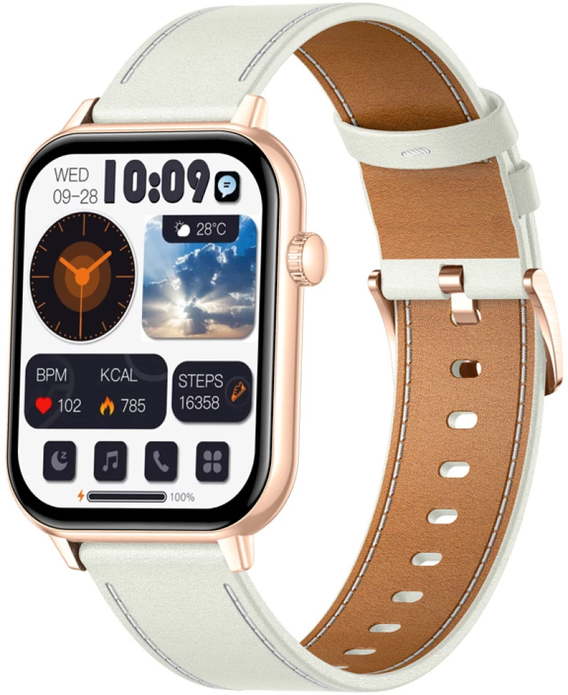 Smartwatch COLMI C28 σε χρυσό χρώμα με λευκό δερμάτινο λουράκι