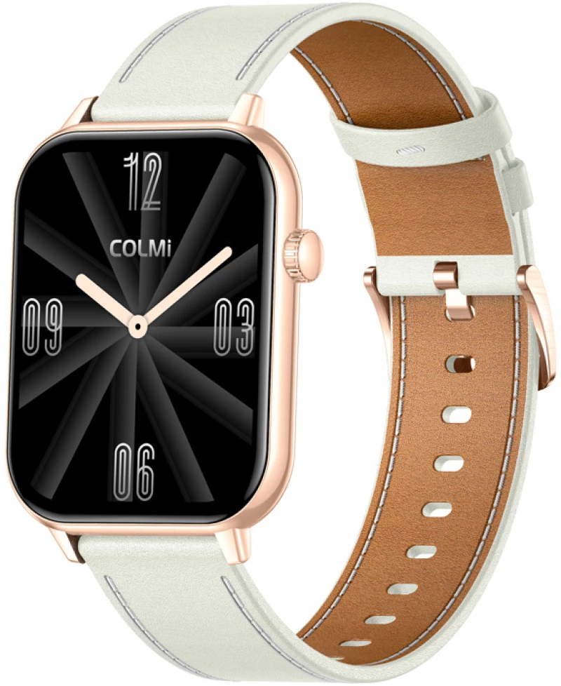 Smartwatch COLMI C28 σε χρυσό χρώμα με λευκό δερμάτινο λουράκι