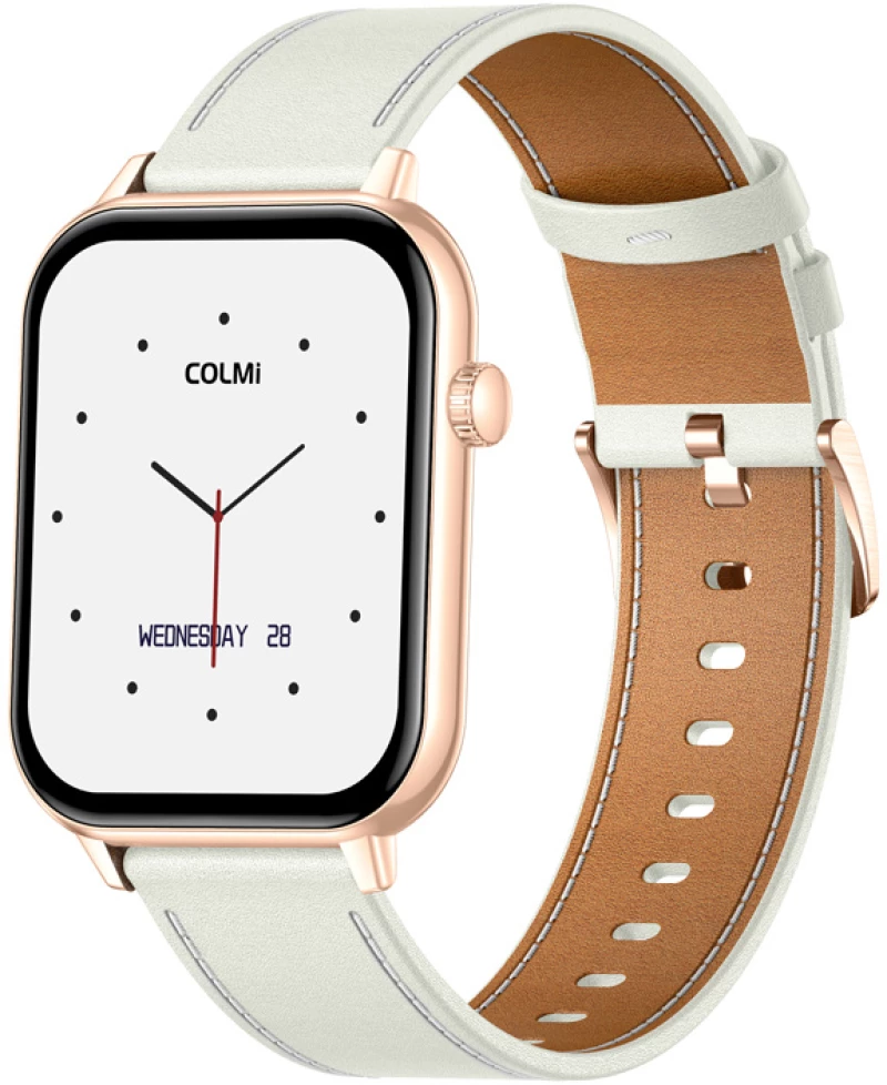Smartwatch COLMI C28 σε χρυσό χρώμα με λευκό δερμάτινο λουράκι