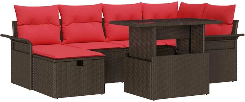 vidaXL Σετ Καναπέ Κήπου με μαξιλάρι 7 pcs Καφέ Πολυ ράταν