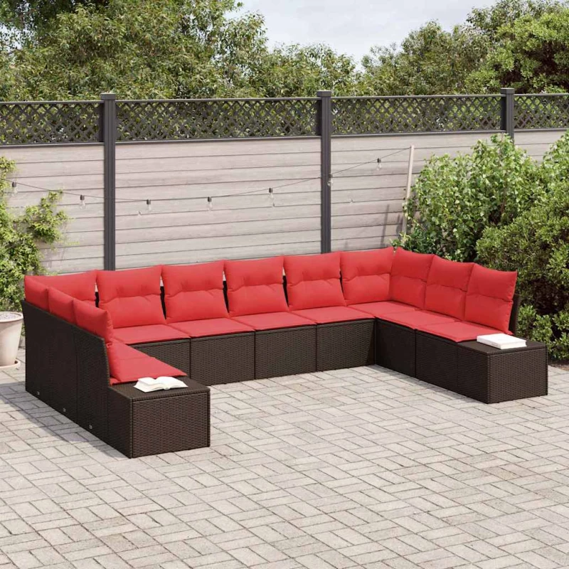 vidaXL Σετ Καναπέ Κήπου με μαξιλάρι 10 pcs Καφέ συνθετικό ρατάν