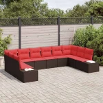 vidaXL Σετ Καναπέ Κήπου με μαξιλάρι 10 pcs Καφέ συνθετικό ρατάν