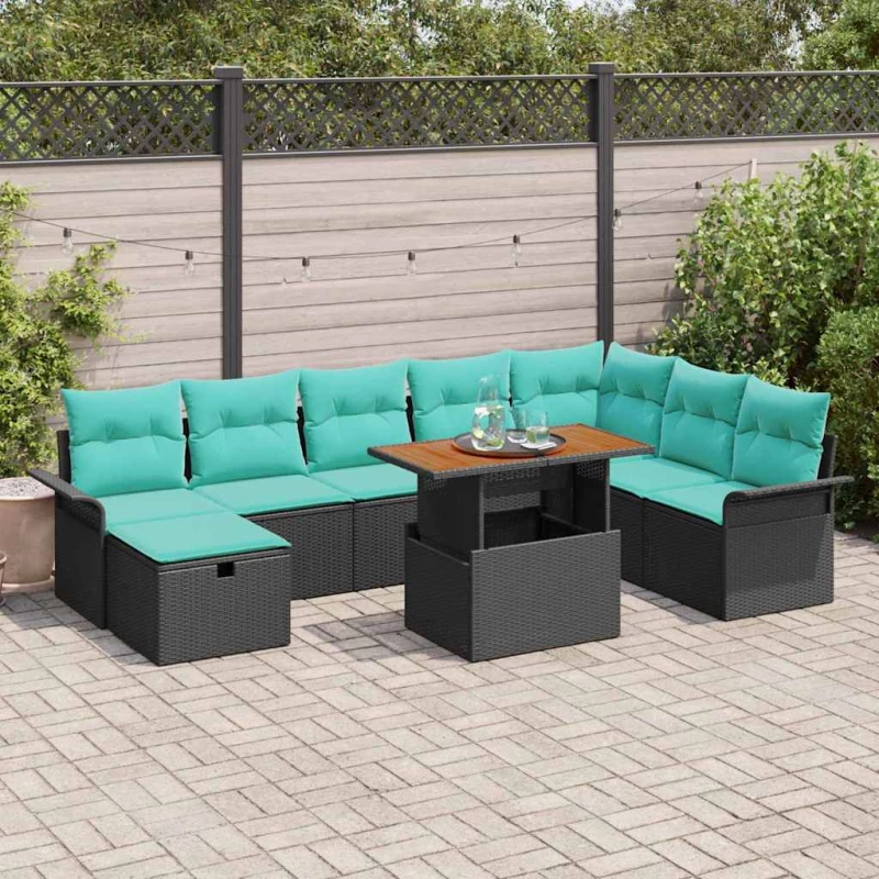 vidaXL Σετ Καναπέ Κήπου με μαξιλάρι 9 pcs Μαύρο συνθετικό ρατάν
