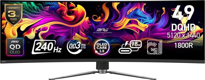 Monitor|MSI|49 "|5120 x 1440 pixels|Dual QHD|Native aspect ratio 32:9|QD-OLED|Curved|MPG491CQPXQD-OLED