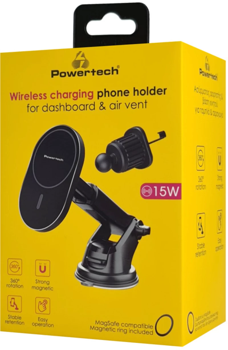 POWERTECH  βάση αυτοκινήτου &  ασύρματος φορτιστής PT-1241, 15W, μαύρος