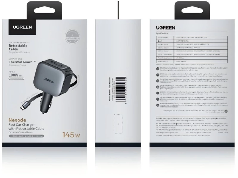 Φορτιστής Αυτοκινήτου 145W UGREEN EC604 55910B 3 Θέσεων,με καλώδιο USB-C 60W Γκρί