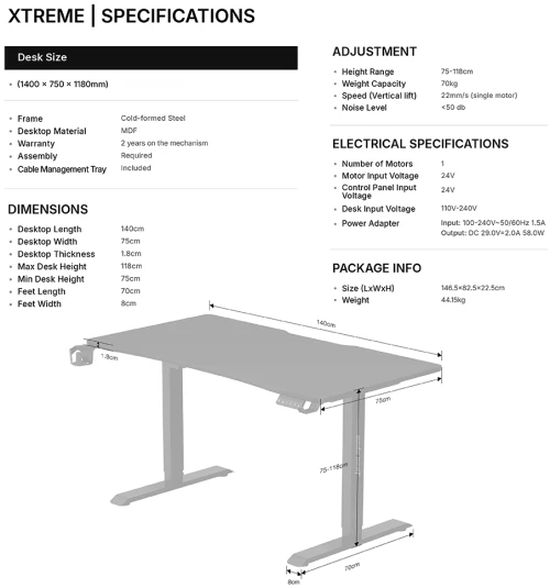 ANDA SEAT DESK XTREME 1.4m, Adjustable Height, Black