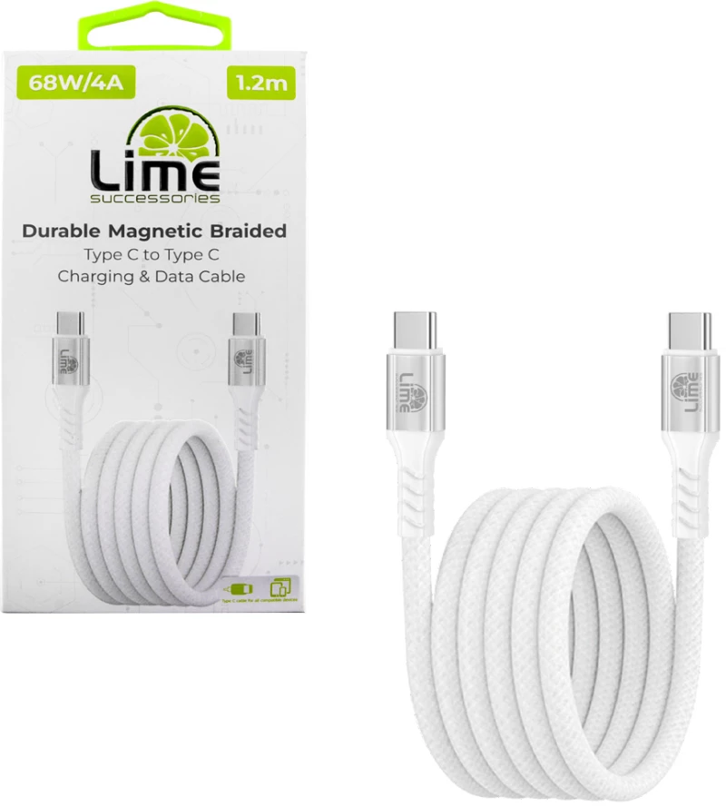 LIME USB-C TYPE C TO USB-C TYPE C 4A ΦΟΡΤΙΣΗΣ-DATA DURABLE MAGNETIC BRAIDED 1.2m LBMCC01 68W WHITE