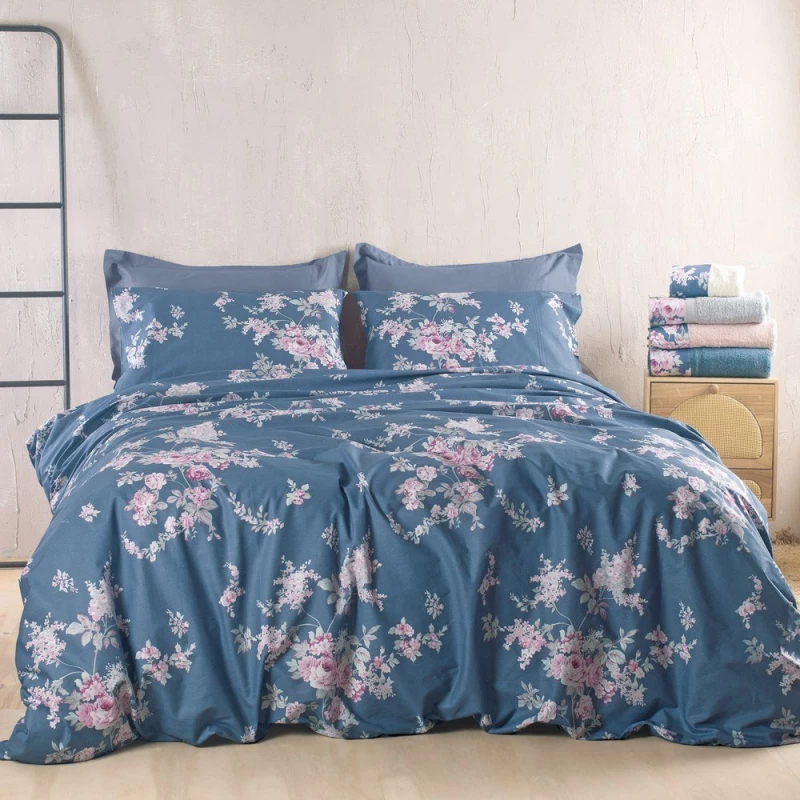 Κουβερλί Springtime (Σετ 2τμχ) Dark Blue Rythmos Ημίδιπλο 160x240cm 100% Βαμβάκι