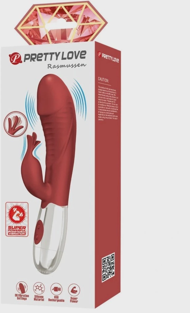 Rasmussen Bunny Vibrator, 30 Vibration Modes, Silicone, USB, Red
