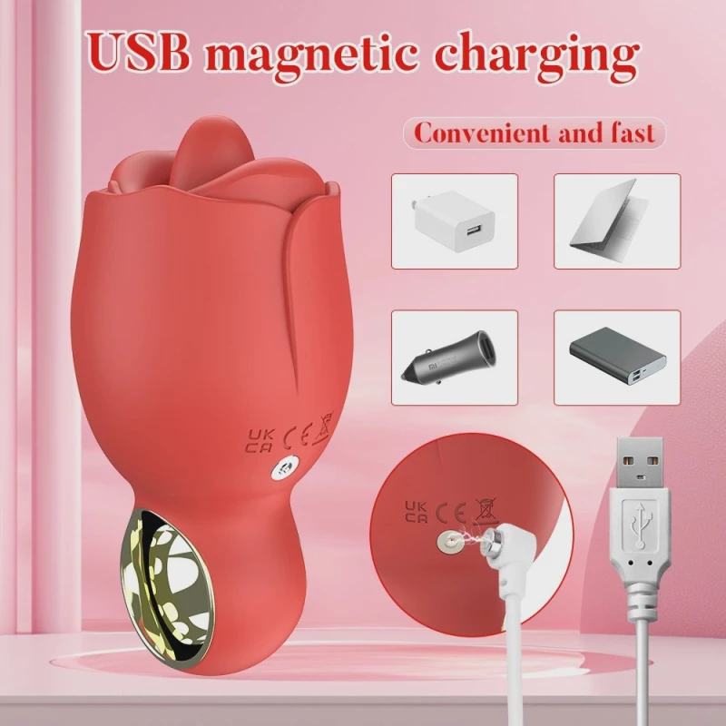 Red Silicone Lip & Tongue Vibrator, 8 Vibrating Modes, 8 Licking