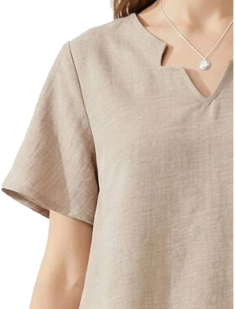 ANNA RAXEVSKY Γυναικεία μπέζ κοντομάνικη μπλούζα, Linen look B26157 BEIGE